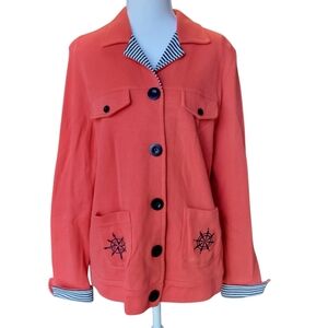 Breckenridge Coral Jacket With Black White Stripe Trim Nautical Theme